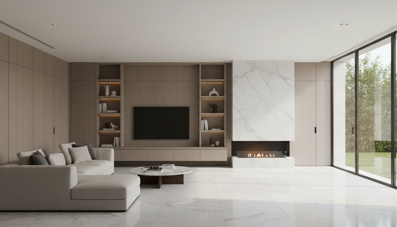 An immaculate, detailed shot of a modern, open-concept living space featuring bespoke woodwork and fitted marble tile accents on the walls and floor. Crisp, clean lines are showcased in the built-in shelving, cabinetry, and a centerpiece marble fireplace surround, all finished in neutral taupe and soft white hues. The space is illuminated by diffused natural daylight streaming in from large, unobstructed windows, casting elegant, subtle shadows and gentle highlights that enhance the texture of the materials. The atmosphere is serene and professional, conveying trust and expertise. Captured at a wide angle with a sharp, high-resolution focus, the image balances structure and warmth in a photographic realism style, perfect for a premium interior contractor’s corporate website.