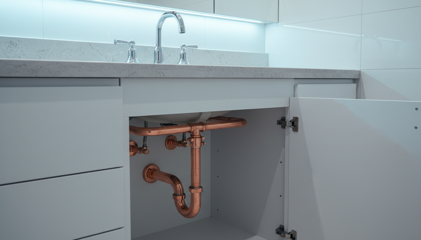 An organized and pristine plumbing installation inside a high-end bathroom, showcasing gleaming chrome fixtures, precise under-sink copper piping, and custom cabinetry in matte white. The environment is immaculate, with clean white tiles and light stone counters. Soft, cool-toned LED lighting from above reflects gently off the metal, providing crisp highlights and subtle shadow play beneath the fixtures. The shot is composed from a slightly elevated, side perspective, emphasizing clean geometry and neatness, set within a photographic realism style fitting a professional, trustworthy contractor site.